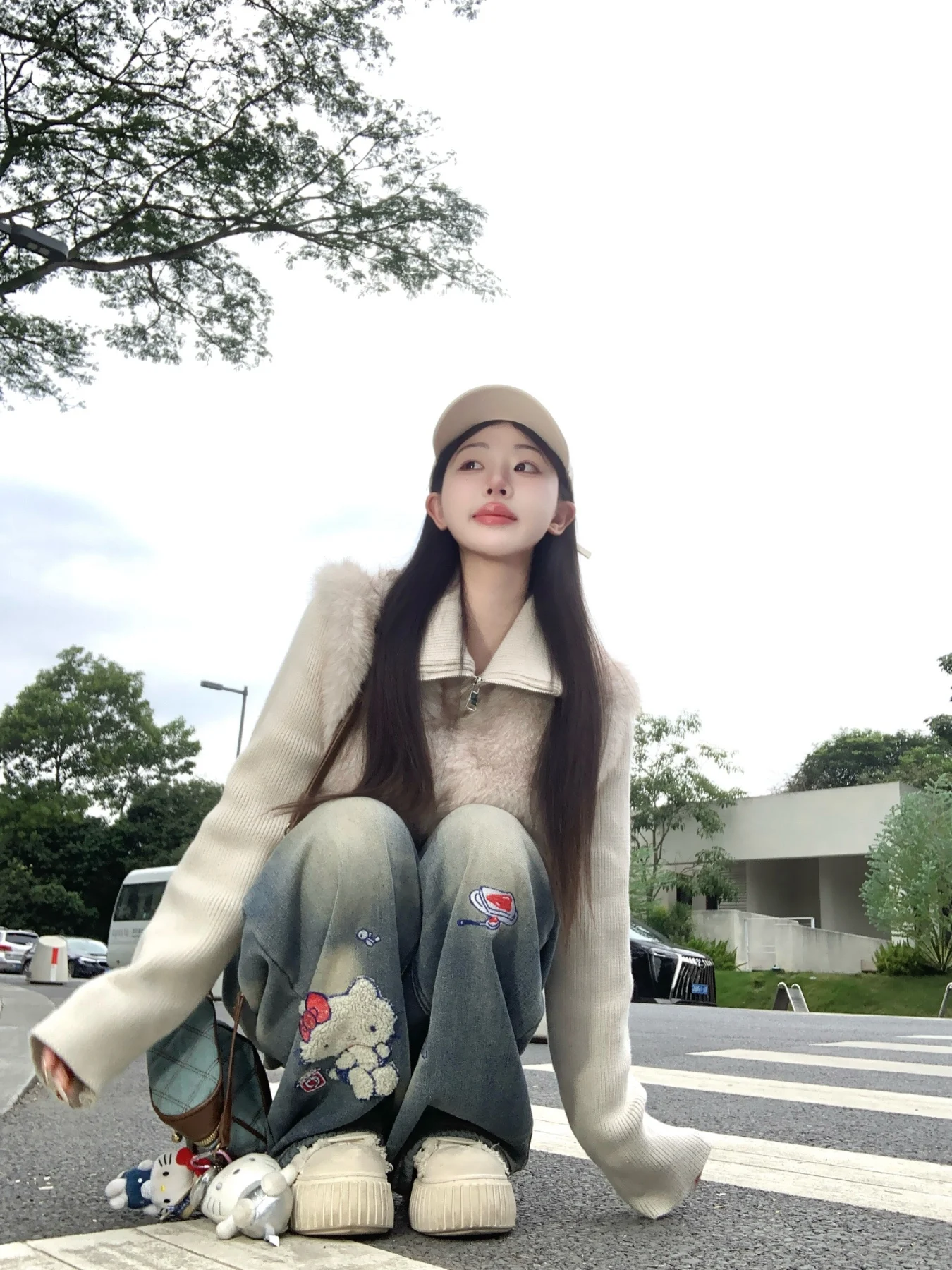 

Джинсы Fanheng с мультяшной вышивкой, на флисовой подкладке, свободного прямого кроя, с высокой талией, на молнии, из средней плотности денима, синие