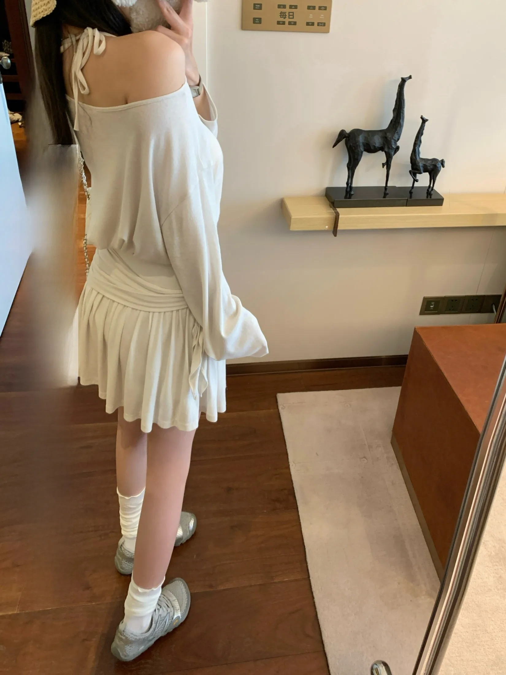 

Ego Studio Korean High Twist Cotton Sun Protection T-Shirt with Sash Built-In Safety Pants Halter Skirt Women Casual Set