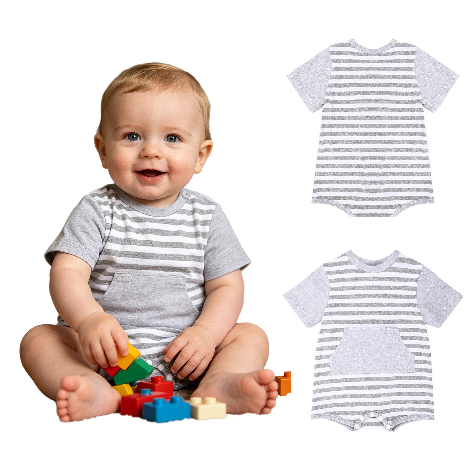 Baby Boys Girls Short Sleeve Striped Romper with Zipper Feeding Tube Access Special Needs Adaptive Clothing Daily Wear Homewear