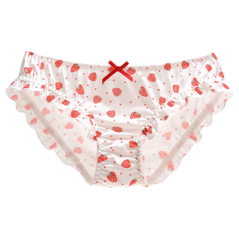 Cartoon Strawberry Print Milk Silk Cute Lovely Sweety Women's Underwear Low Waist Ruffle Princess Style Cosplay Panties Breifs