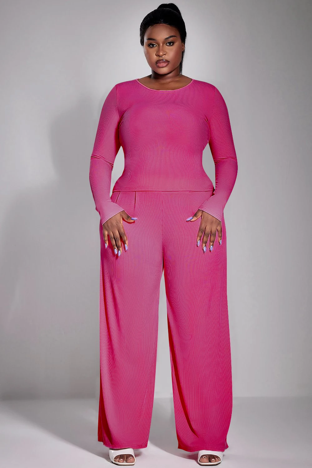 Plus Size Daily Pant Set Pink Long Sleeve Wide Leg Knitted Two Piece Pant Set