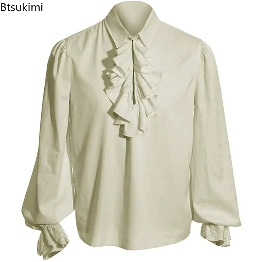 2025 Men's Stage Performance Costumes Renaissance Victorian Steampunk Gothic Ruffled Medieval Halloween Cosplay Male Shirts Tops