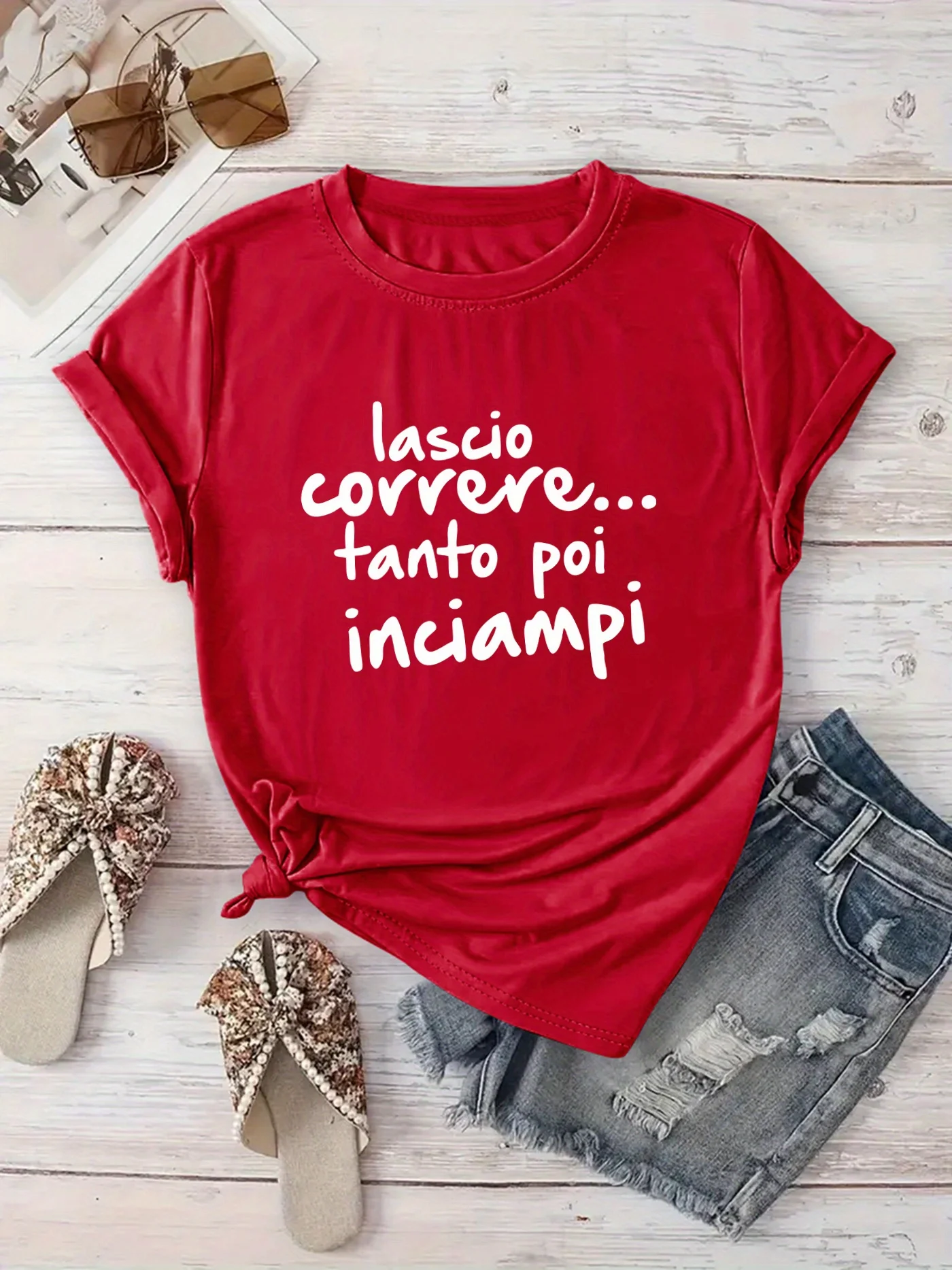 

Sleeve Spring Summer Vacation Relaxed Playful Geometric Women's Italian Phrase Graphic Short Sleeve Women T shirt