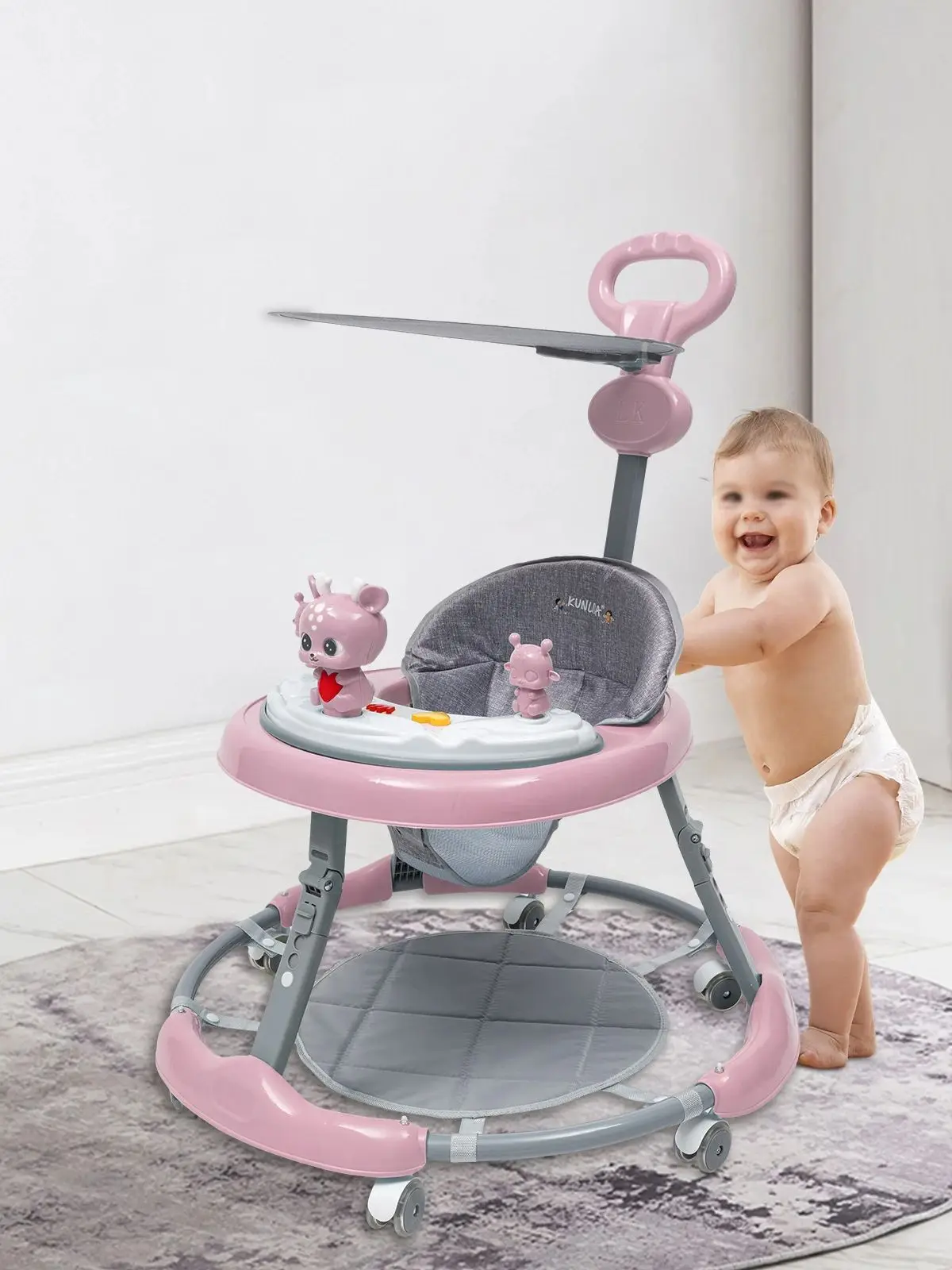 Lauflernhilfe mit Musik, faltbar, für Babys und Kleinkinder, Anti-O-förmige Beine und Anti-Roll-Höhe, verstellbar für Babys im Alter von 6–18 Monaten