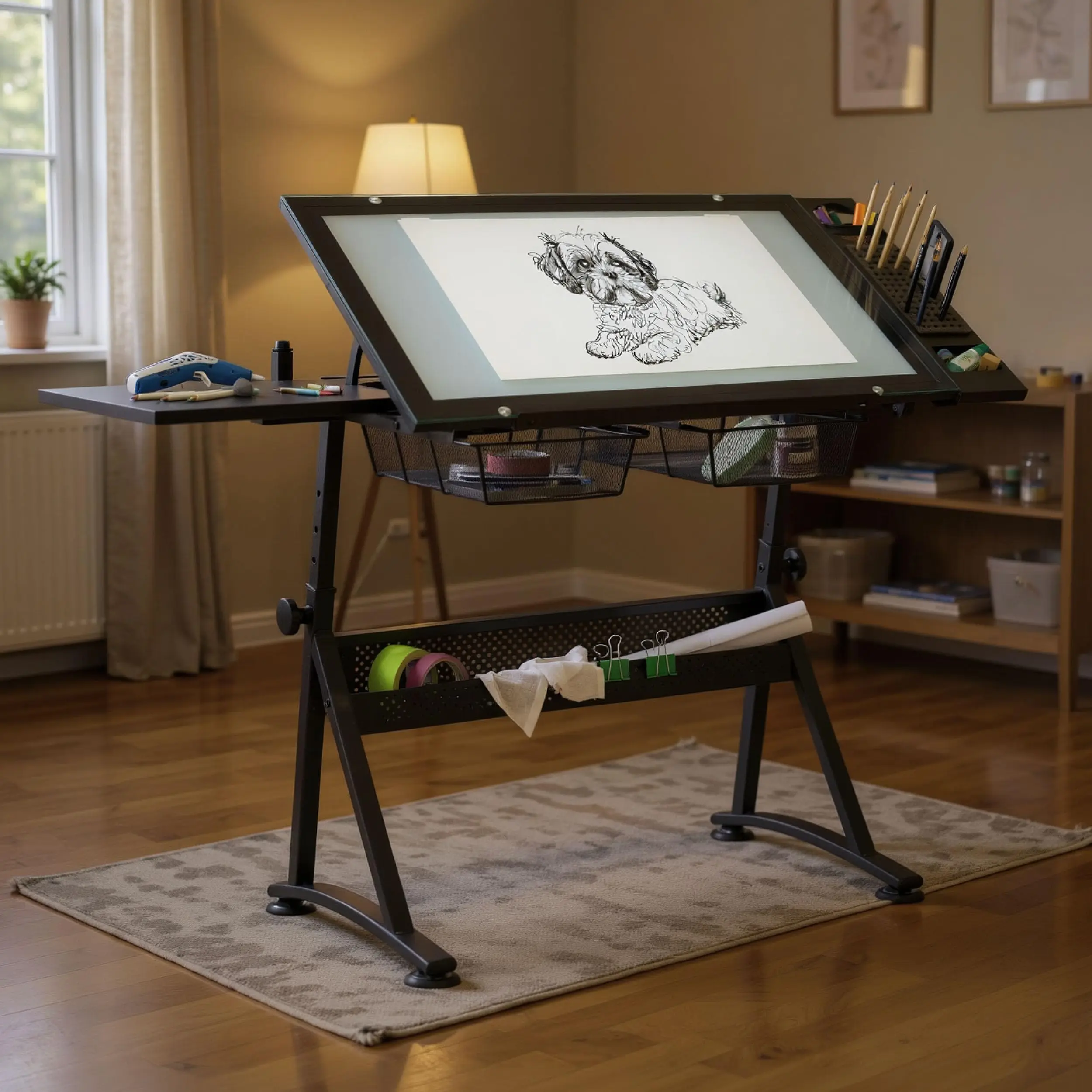 Fusion Drafting Table with Stool, Height Adjustable Desk with Top, Charcoal / White