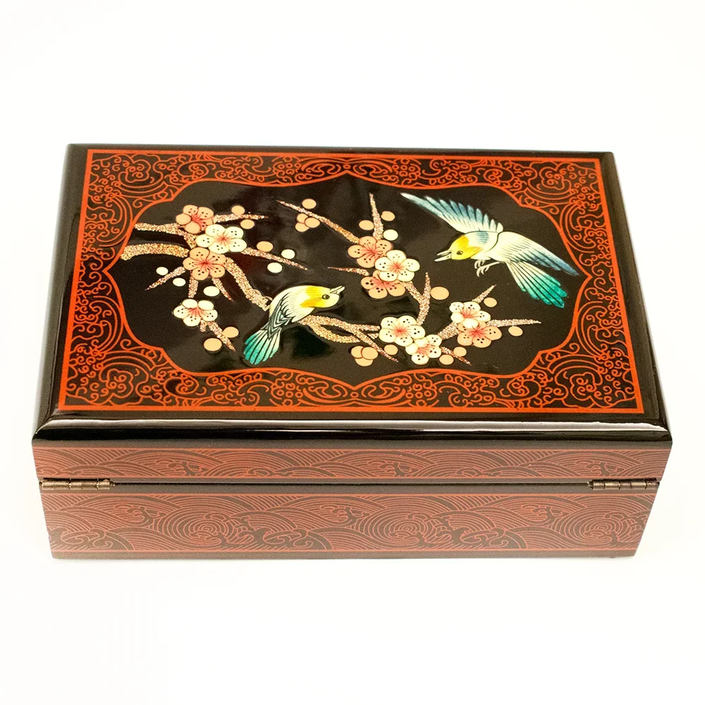 Handmade Wooden Jewelry Box of Chinese Classical Aesthetics Lacquerware Organizer Built in Mirror for Women Great for Gifting