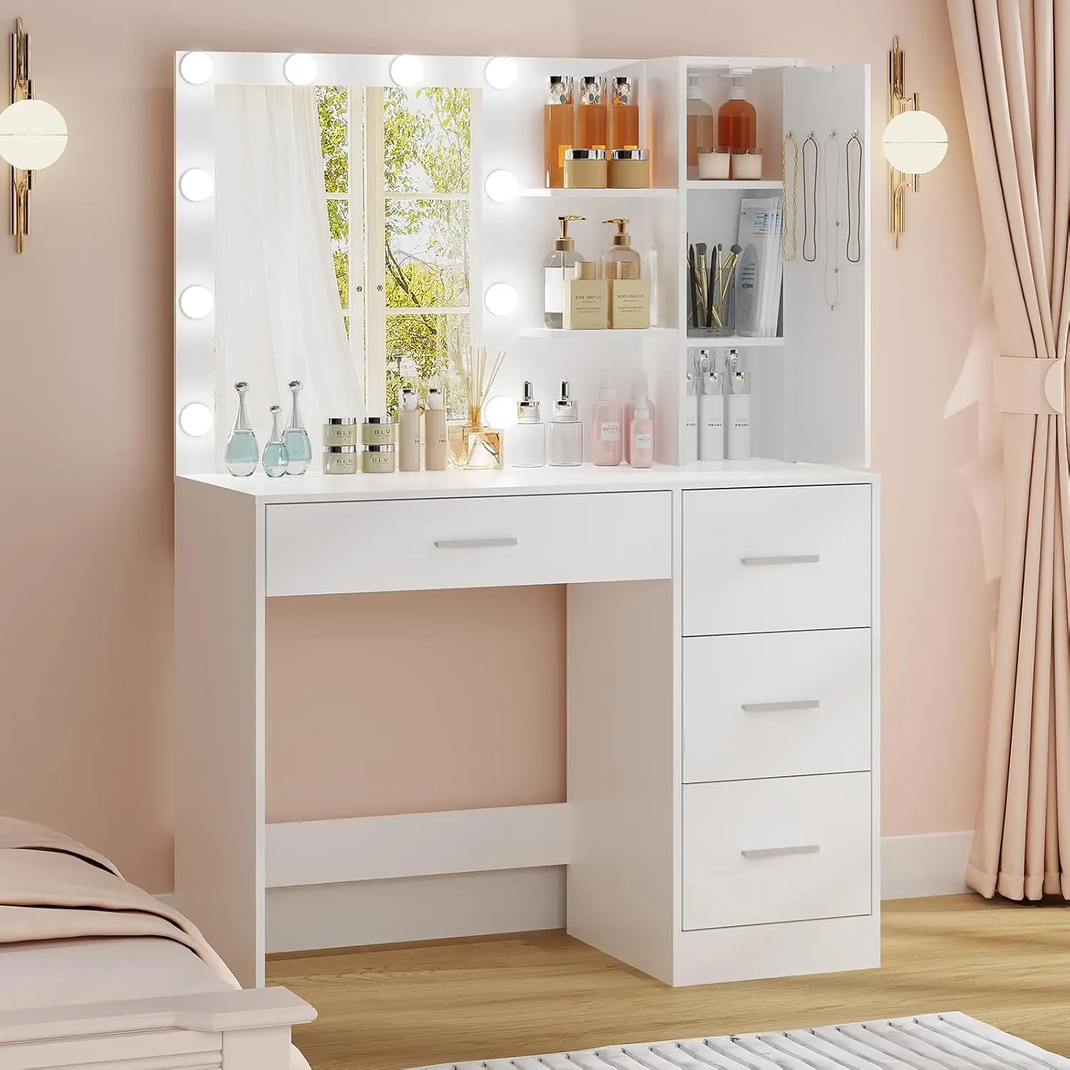 Vanity Desk with Mirror and 10 LED Lights, Vanity Table Set with 4 Drawers,Cabinet & 4 Necklace Hooks,Dressing Table for Bedroom