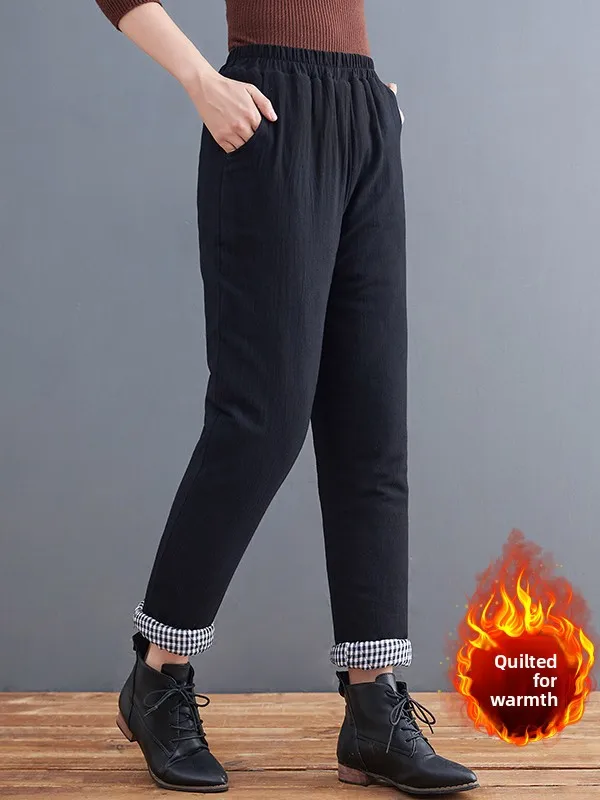 

Утепленные хлопковые льняные брюки-харлан для женщин больших размеров, повседневные теплые брюки с высокой талией, художественный дизайн, осень-зима