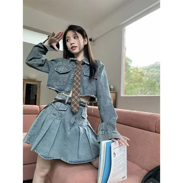 Women Suit Hot Girl Raw Edge Short Long-sleeved Denim Jacket Pleated Skirt Fashionable Single-breasted Small Fresh and Simple