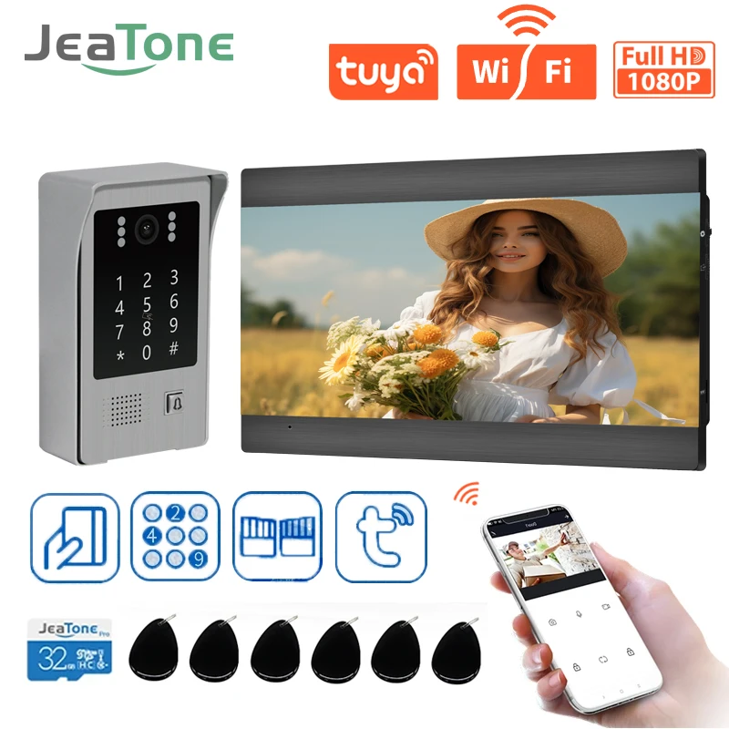 Jeatone Drahtlose WLAN-Türklingel mit Kamera, 1080P FHD-Video-Gegensprechanlage, 7-Zoll-Touchscreen, 32 GB SD-Karte, Passwort-Entsperrung für Zuhause