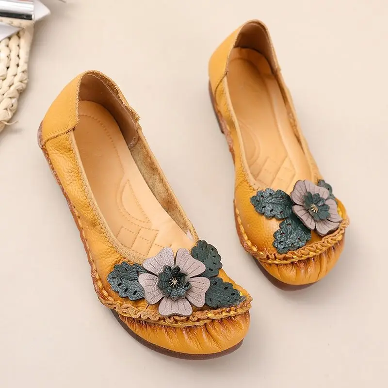 

2025 beautiful flower ballet shoes for ladies genuine leather flats woman nice black shoes slip on drive moccasins women's shoes