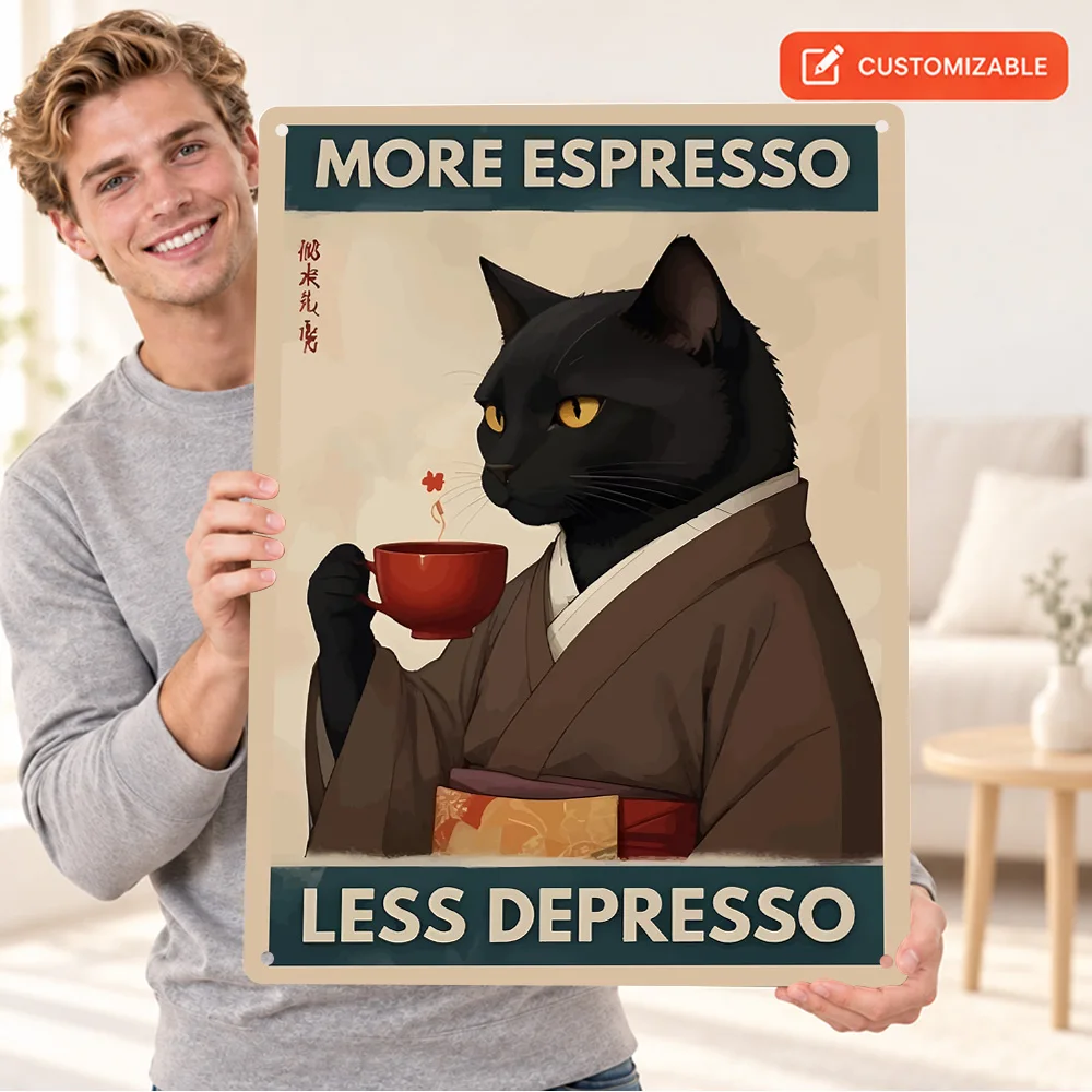 More Espresso Less Depresso Cat Printed Poster Humorous Wall Art For Breakfast Nook Customized Aluminum Metal Sign Barista Gift