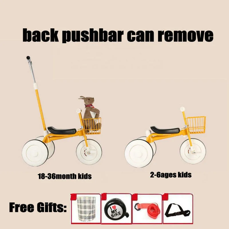 Triciclo infantil estilo simples com cesta e guarda-chuva, carro de passeio de bebê com roda de borracha, bicicleta infantil fofa com barra de pressão ajustável