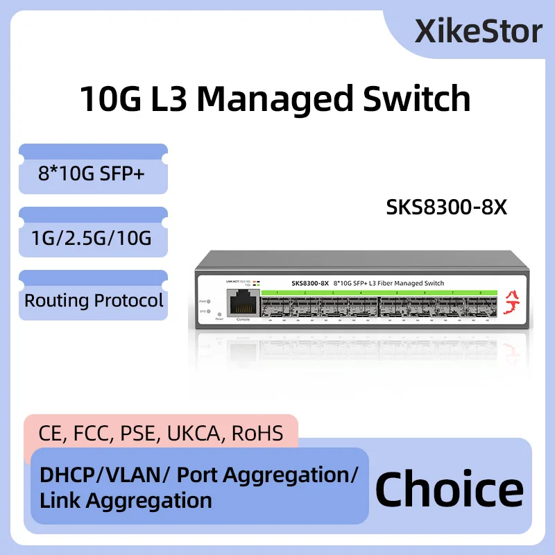 XikeStor Alle 10G L3 beheerde 8-poorts 10G SFP+ Ethernet CLI/WEB-beheerondersteuning VLAN/poortaggregatie