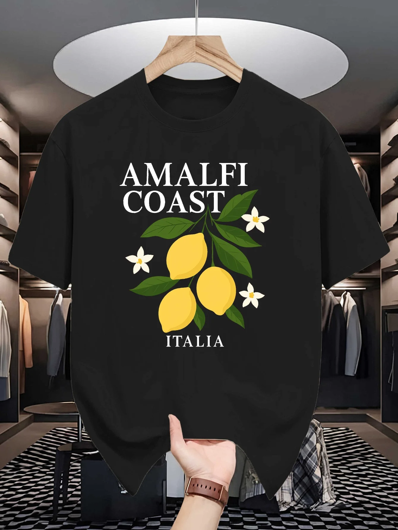 Men Cotton Crew Neck Tee Amalfi Coast Italia Lemon Floral Graphic Short Sleeve T Shirt Summer Travel Holiday Daily Casual Fit