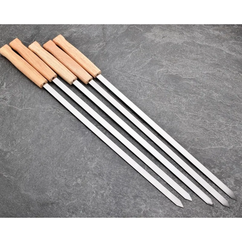 8pcs Kabab Koobideh Skewers 17 Inch Stainless Steel Grilling BBQ Skewer Reusable Barbecue Skewers Flat Stick with Wood Handle