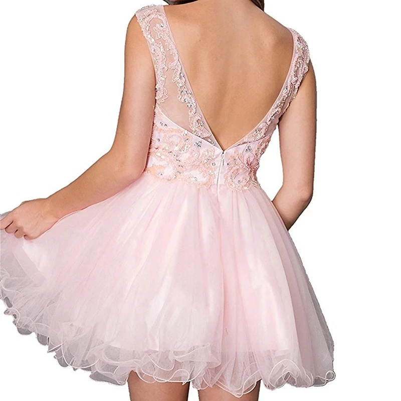 Sexy V Back Homecoming Dresses Short Pink Lace Appliques Sequined Tulle Juniors Prom Evening Gowns Vestidos de fiesta