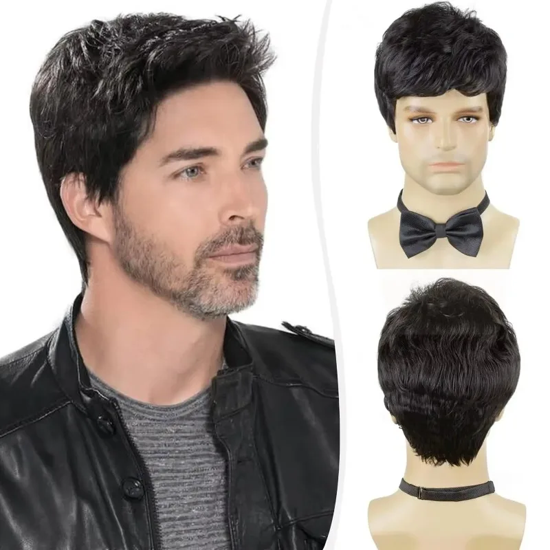 Men's short silver-gray wig, synthetic fiber wig, suitable for men's Halloween cosplay wigs