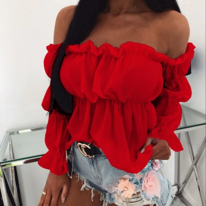 Summer Off Shoulder Blouse for Women Long-sleeved Lace Frill Ruched Pullover Tops Korean Style Fashion Solid Color Lady Shirts