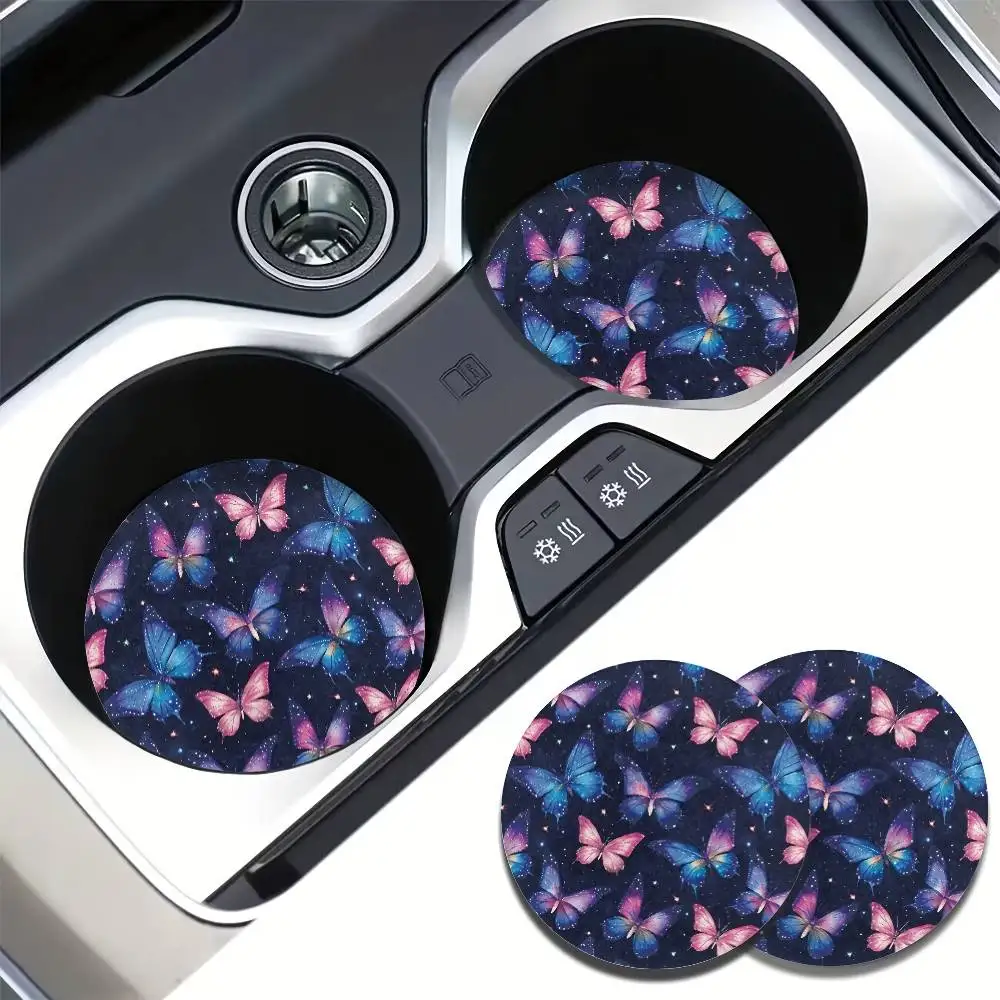 Glow-in-the-Dark Butterfly Car Coasters Set Of 2 Vibrant Absorbent Cup Holder Covers Easy To Install Car Interior Decor