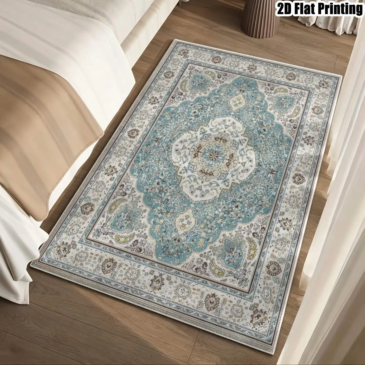 1Pc 2D Printed Blue-White Retro Floral Velvet Carpet, European Style, Machine Washable, Multi-Size for Home Decor
