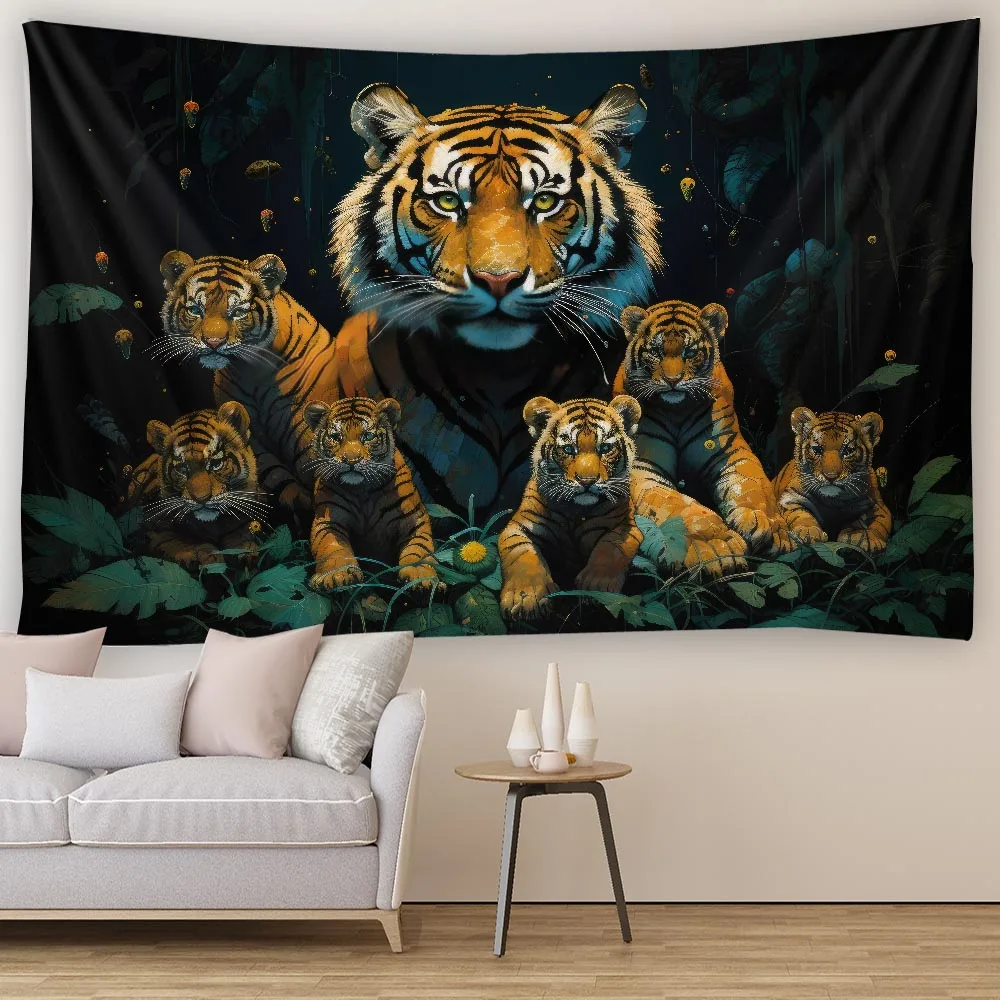 

Tiger Family Kawaii Tapestry Home Aesthetics Decoration Art Wall Hanging Hippie Animal Fabric Mural Decoration