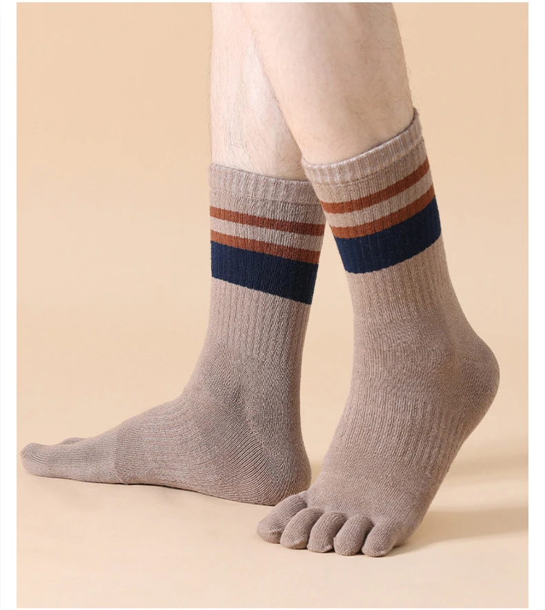 5 Paar Frottee-Zehensocken für Herren, Baumwolle, gestreift, dick, weich, elastisch, schweißabsorbierend, warm halten, Partykleid, lange 5-Finger-Happy-Socken – Detail 14