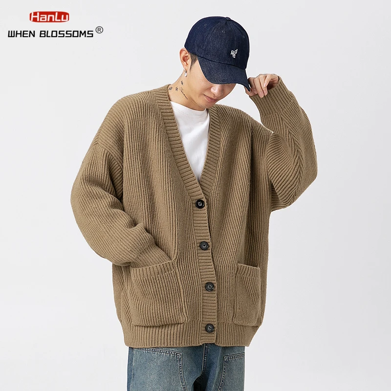 Korean Fashion Streetwear Single Breasted Cardigan Autumn Winter Solid Men's Knit Coat  Pockets Casual Sweater Cardigans