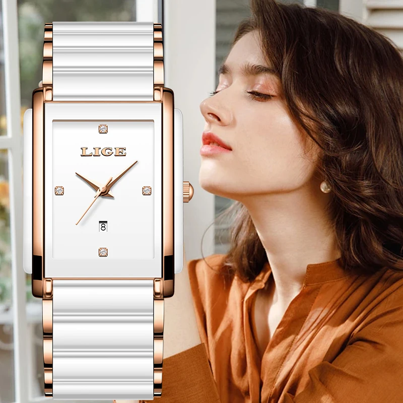 lige-トップブランドの高級クォーツ女性用腕時計ファッションスクエアセラミックエレガントシンプルなダイヤモンド日付腕時計ロマンチックな誕生日プレゼント