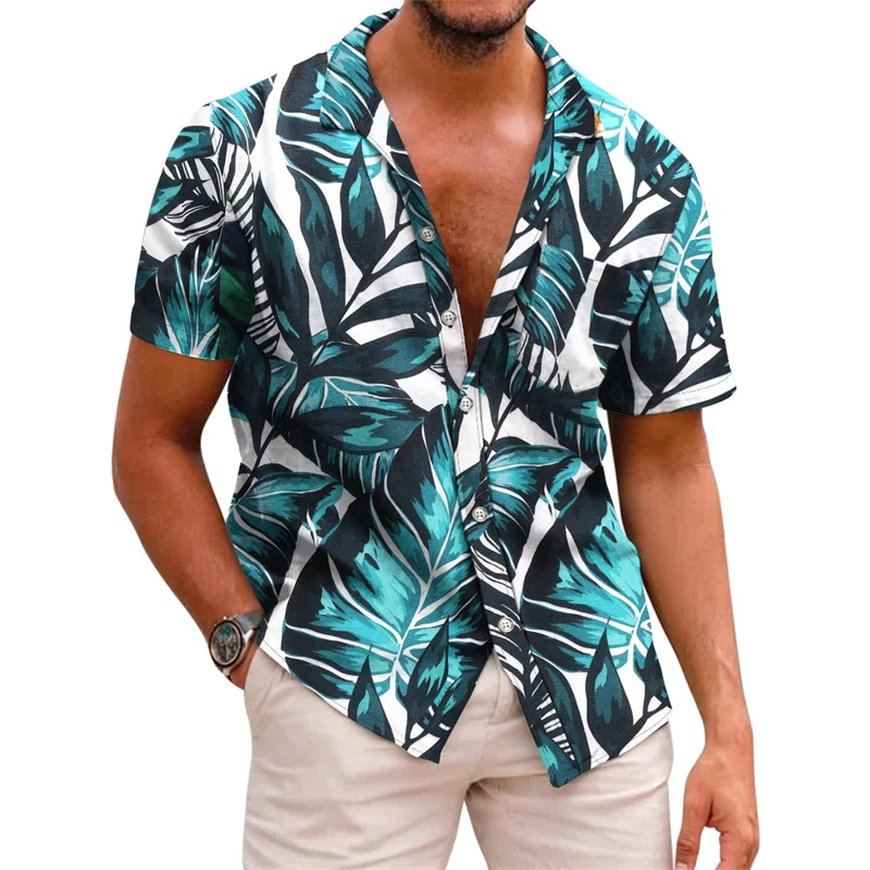 Men\'s shirt pattern printed lapel summer striped short-sleeved Hawaiian daily vacation breathable casual and comfortable