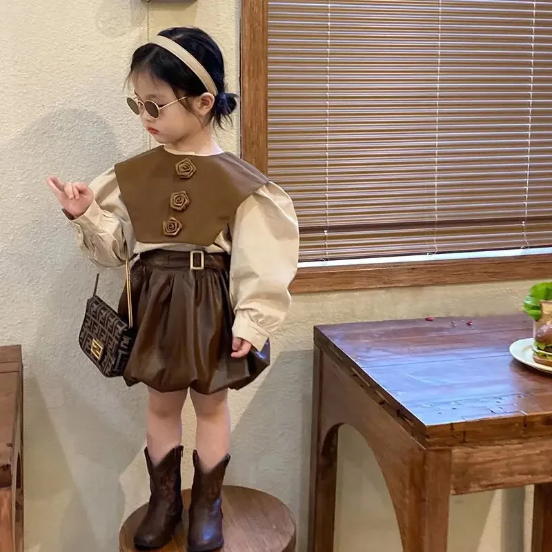 

Children Clothing 2024 Spring Autumn Girls New Fashionable Korea Style Children Flower Shirt Small Leather Skirt Three Piece Set