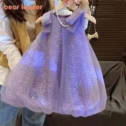 Bear Leader Plain Girls Clothes Summer Sleeveless Mesh Sparkling Princess Dresses Korean Version Birthday Wear Party Wedding