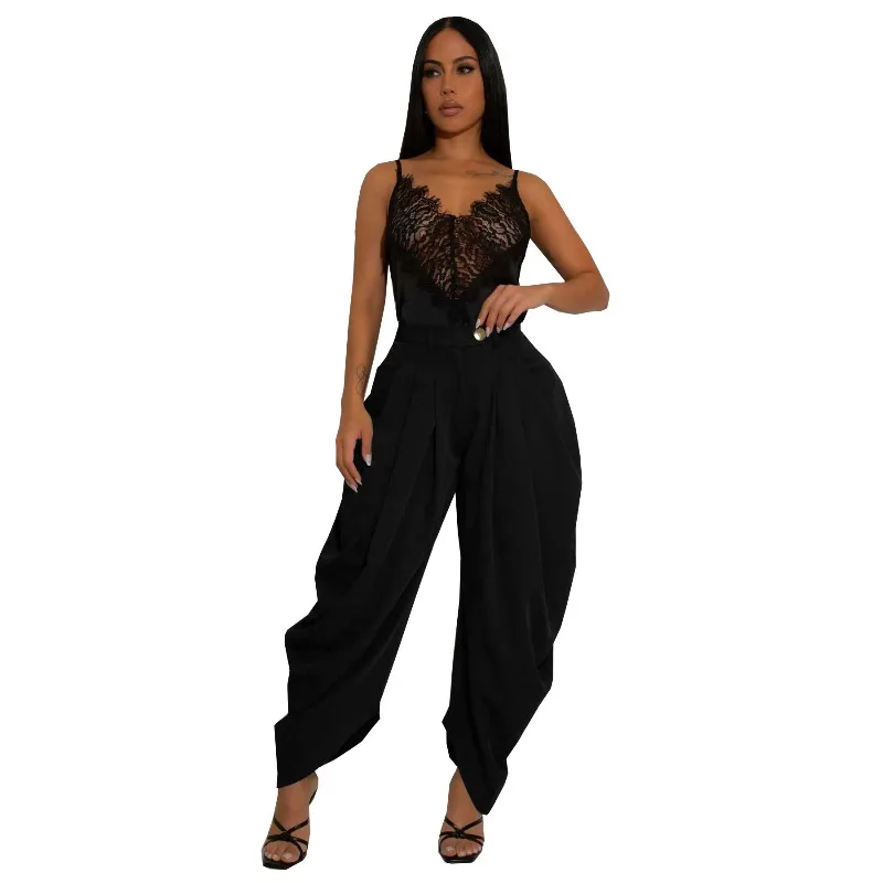 

Chic Asymmetric Draped Trousers for Women Solid High Waist Pleated Detail Loose Pants 2026 Summer Elegant Office & Party Wear