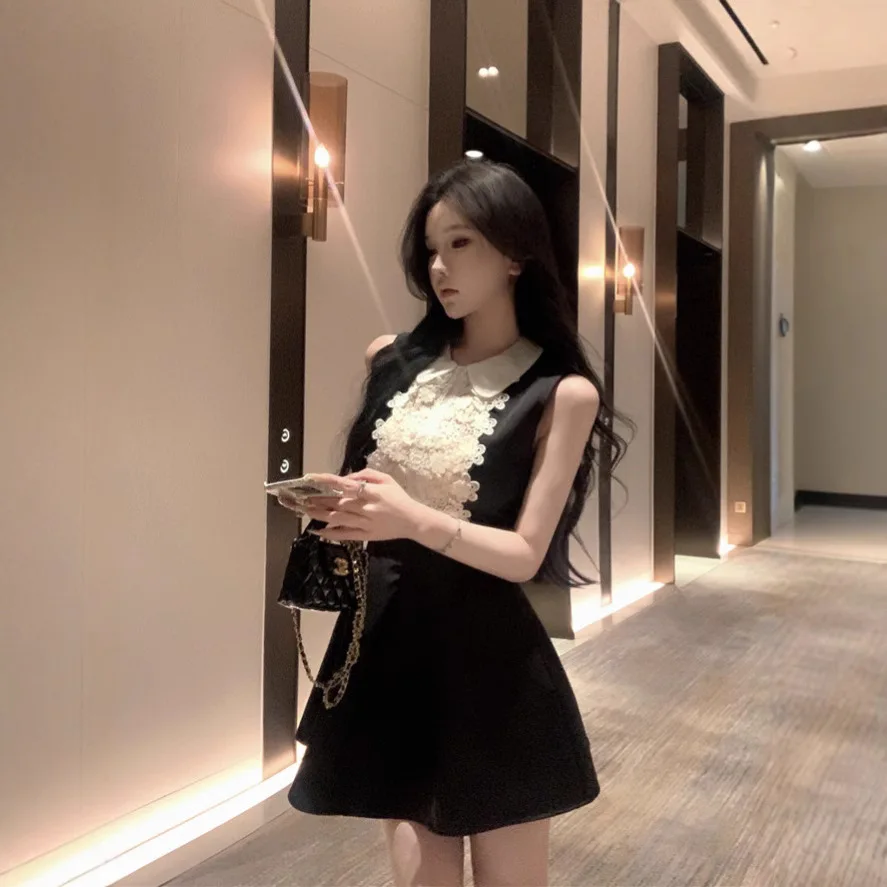 

Doll Collar Vest Dress Women's Summer Small Fragrance Temperament Waist Cinched Sleeveless Black Dress