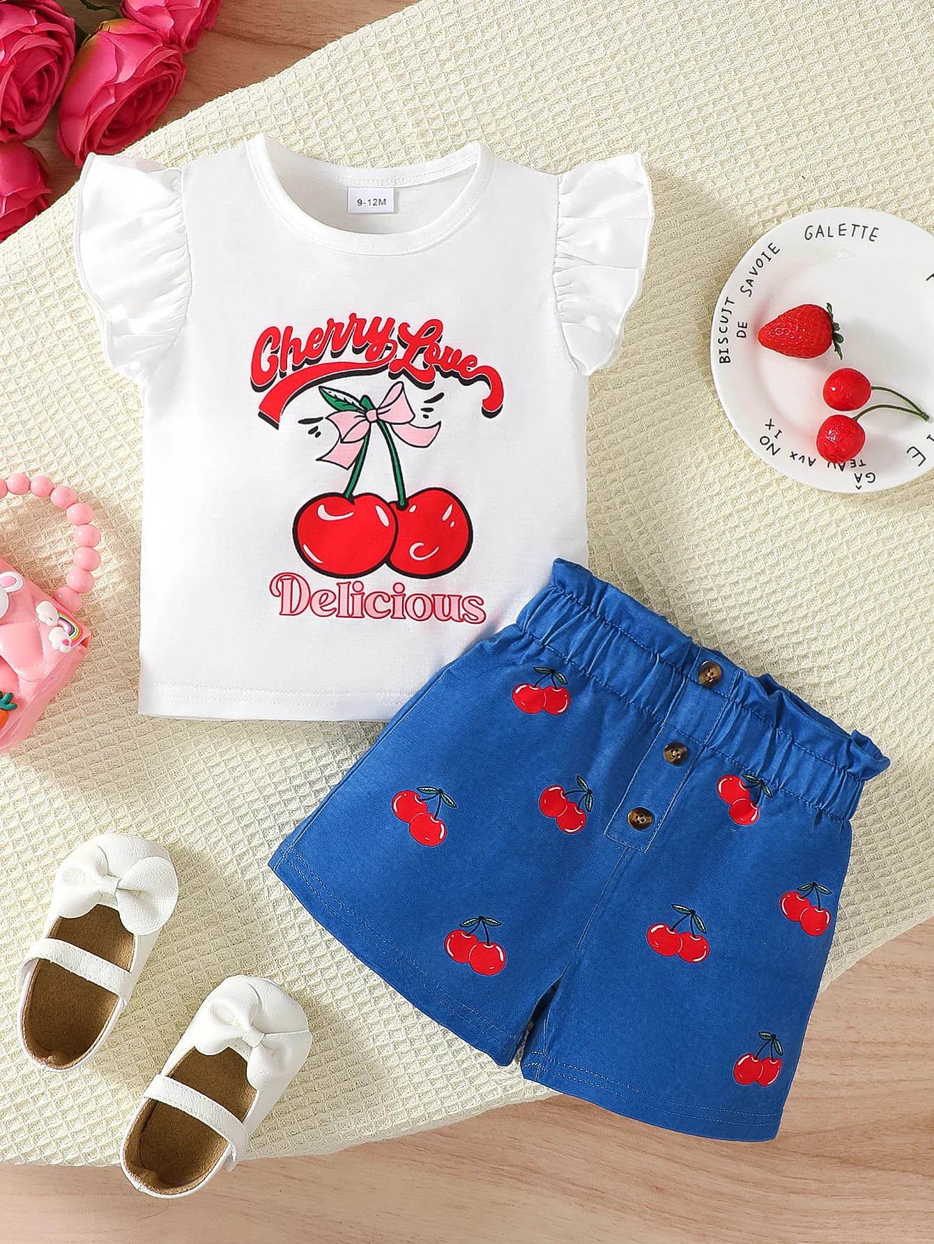 Baby girl fashion summer 2-PCS cherry print set with small fly sleeves letter T-shirt+shorts for 0-2Y baby girl casual wear
