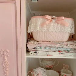 Cute Pink Storage Baskets Lace Cotton Desktop Jewelry Cosmetics Snacks Sundries Key Organizer Bins  Desktop decoration