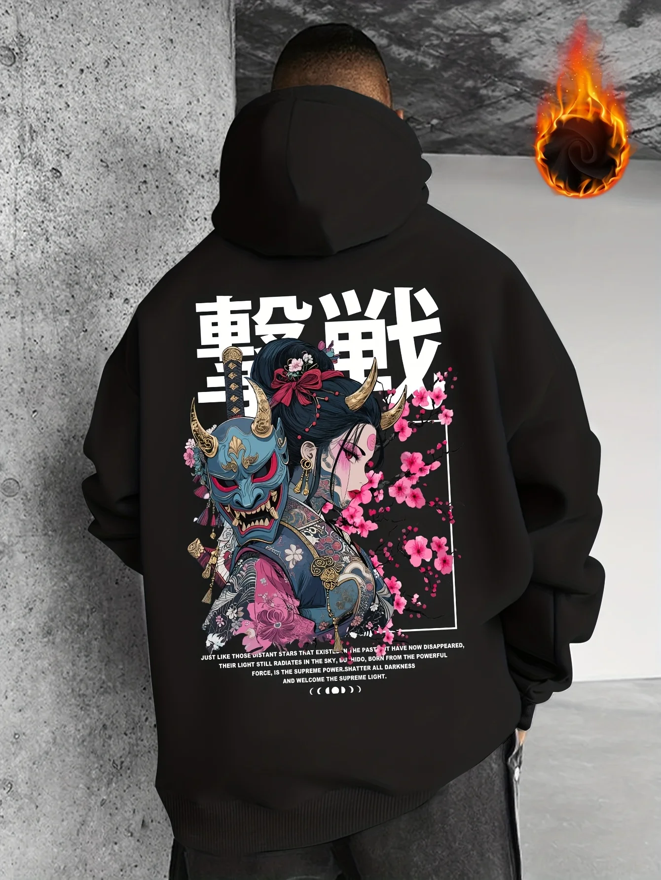 Men's Autumn-Winter Cherry Blossom Samurai Mask Women's Printed Hooded Fleece Pullover, Versatile Sporty Casual Hooded Pullover