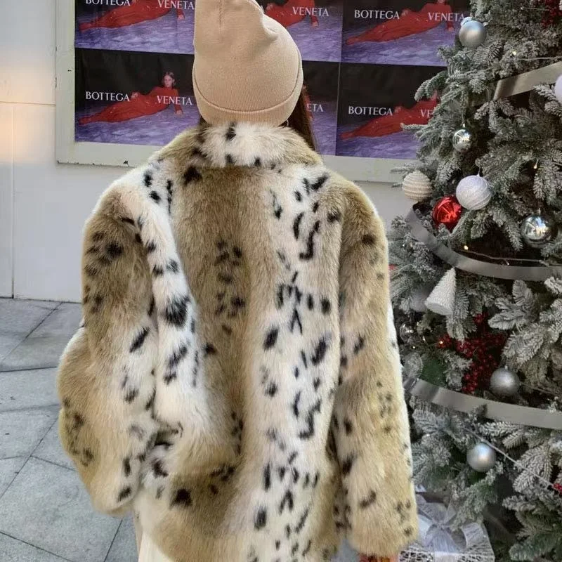 Chic Faux Fox Fur Leopard Furry Jacket Thick Spliced Imitation Mink Fur Dots Printed Coat Cardigan Bomber Parka  Tops Abrigos