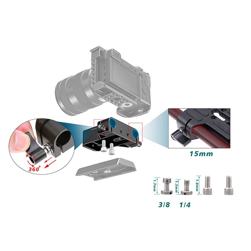 Placa de Instalação Rápida e Conduit Base, liga de alumínio preto, Double Hole Pipe Clamp, Pan Tilt Acessório, Rabbit Cage, 15mm