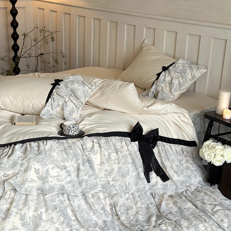 French Style Three-layer Lace Ruffles Bow Princess Bedding Set Egyptian Cotton Duvet Cover Set Bedskirt Bedspread Pillowcases
