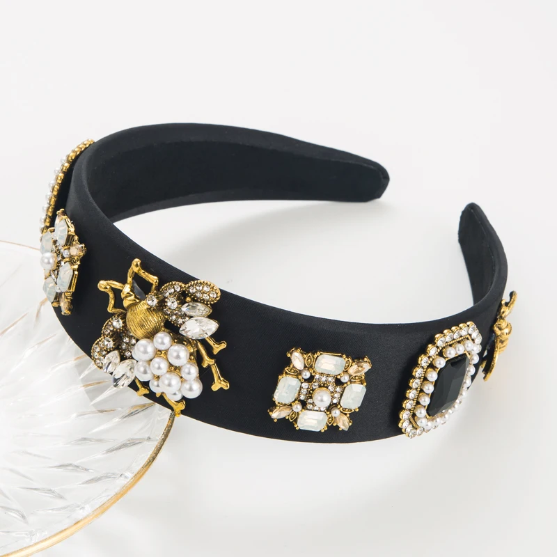 European and American Trendy Baroque Headband With Rhinestone Pearl Headband And Bee Colored Fabric Flower Wreath Headband