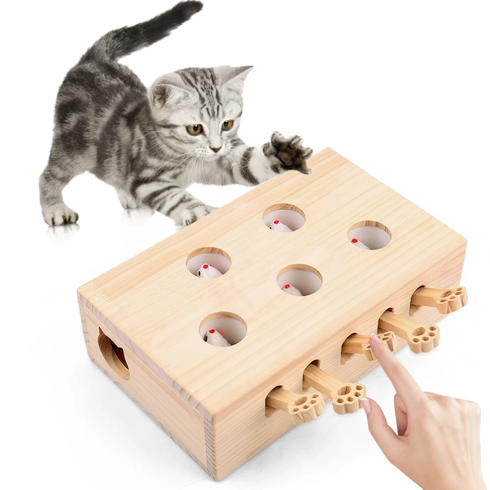 

Wooden Whack-A-Mole Cat Toy Catch Mice Game Interactive Cat Toy for Indoor Cats Kitten