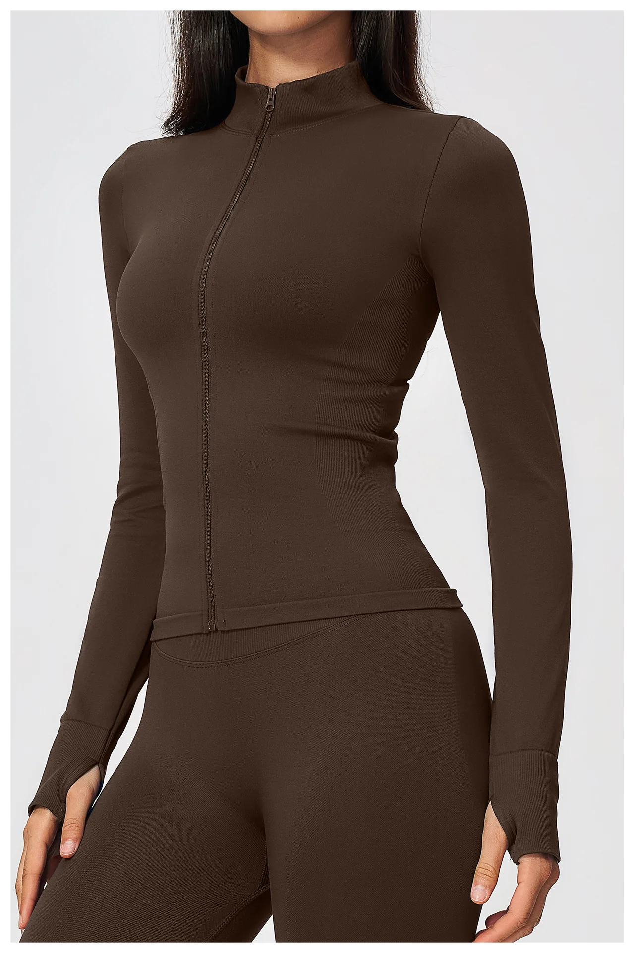 Women's Seamless Long Sleeve Yoga Top Ribbed High Neck Full Zip Slim Fit Sports Jacket Thumb Hole Workout Gym Running Activewear