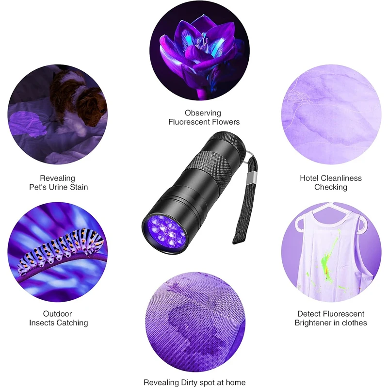 Linterna UV portátil de 9/12/51LED, linterna ultravioleta impermeable de emergencia con detección de dinero y manchas de orina de mascotas