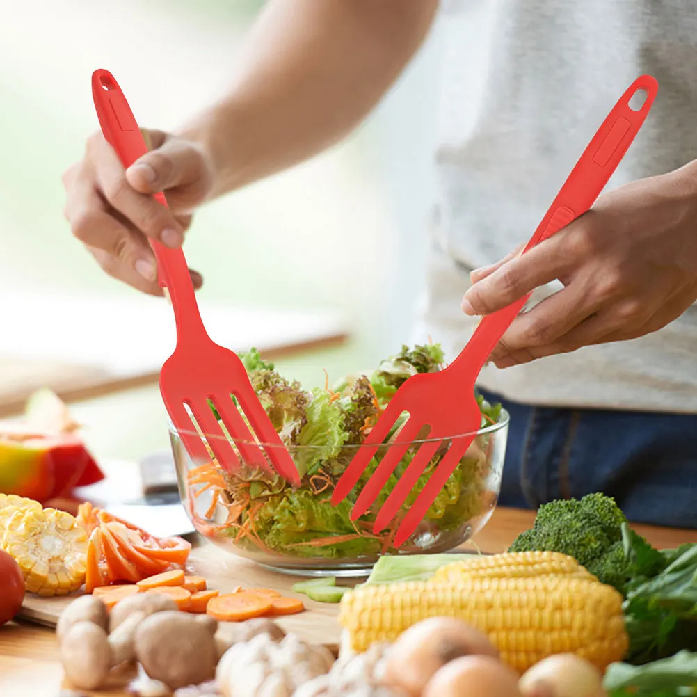 

2 Pcs Red Black Silicone Cooking Smooth Handle Ergonomic Grip Wear Resistant Kitchen Accessory Reusable Food Fork Spaghetti