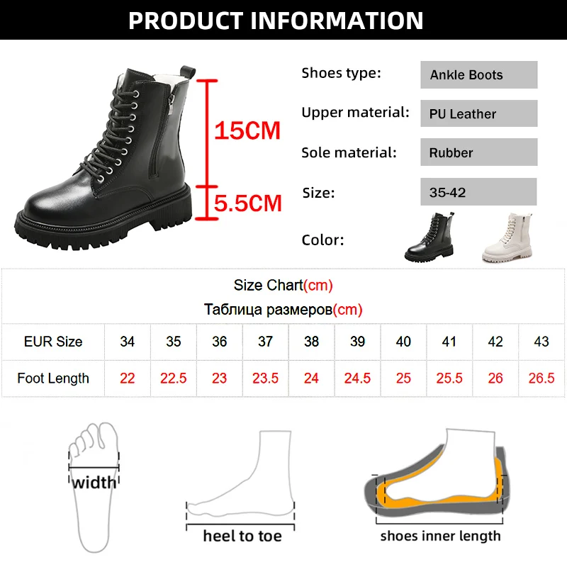 Women\'s Short Plush Warm Ankle Boots Winter 2023 Waterproof PU Leather Snow Boots Women Non-Slip Lace Up Platform Combat Booties