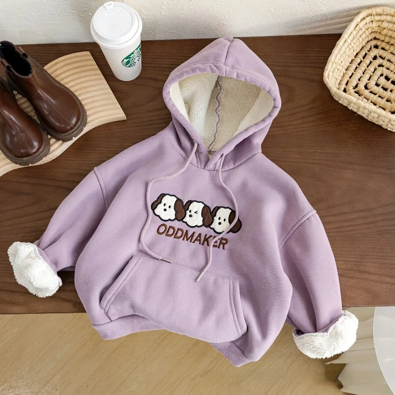 

Winter Kids Clothes Baby Girls Sweatshirt Cute Cartoon Embroidery Dog Hoodies Purple Add Fleece To Thicken Sports Hoodie 2-7y