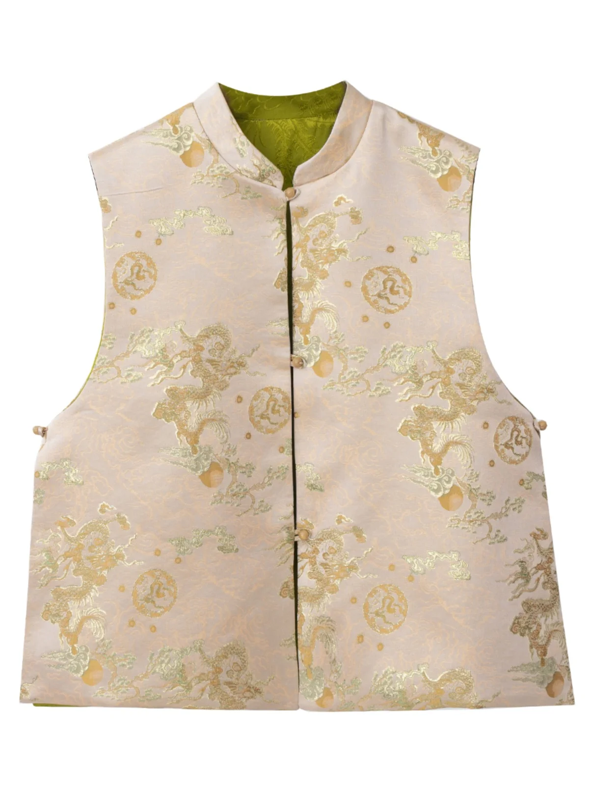 

Double-Sided Wear Chinese Sle Vest Women's Retro Stand Collar Woven Gold Dragon Pattern National Sle oulder Pad Top Spr...