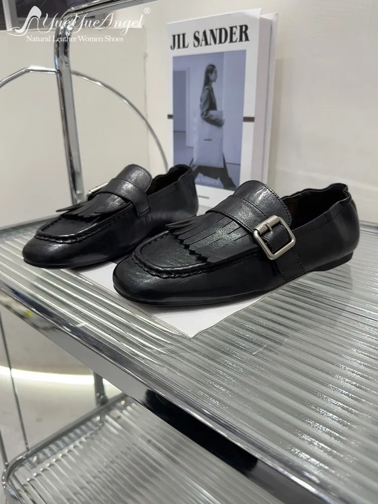 British Style Lady Spring Autumn Black Comfortable Breathable Tassel Genuine Leather Slip On Flats Fashion Office Women Loafers
