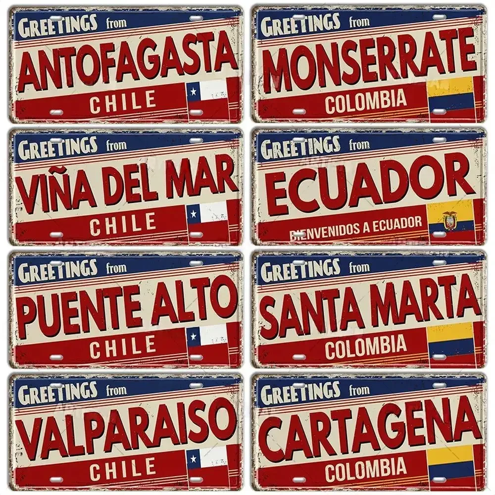 Chile Argentina Ecuador Colombia License Plate Landmark Metal Sign City State Decorative Car Plate Garage Club Bar Wall Decor